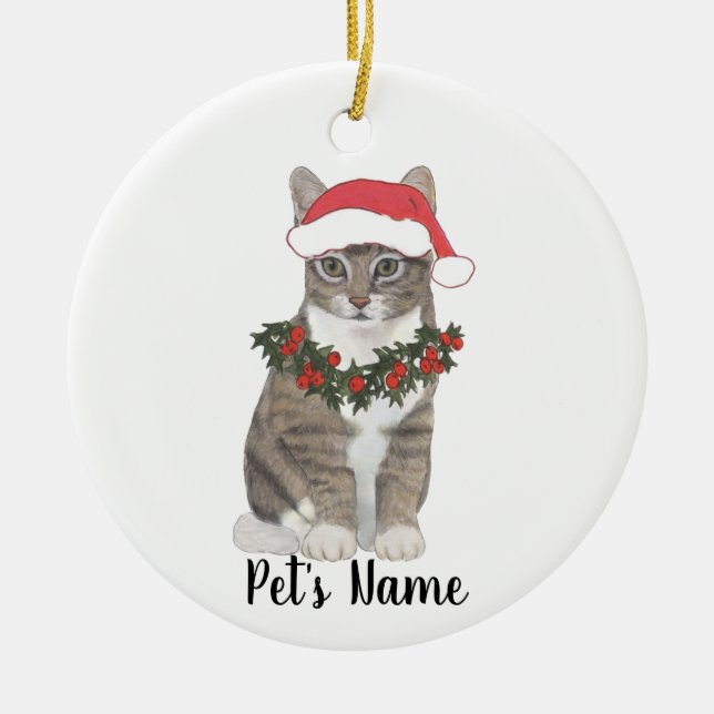 Personalised Tabby Cat (Grey) Ceramic Tree Decoration (Front)