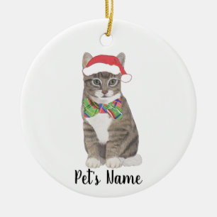 Personalised Tabby Cat (Grey) Santa Hat & Bow Tie Ceramic Tree Decoration