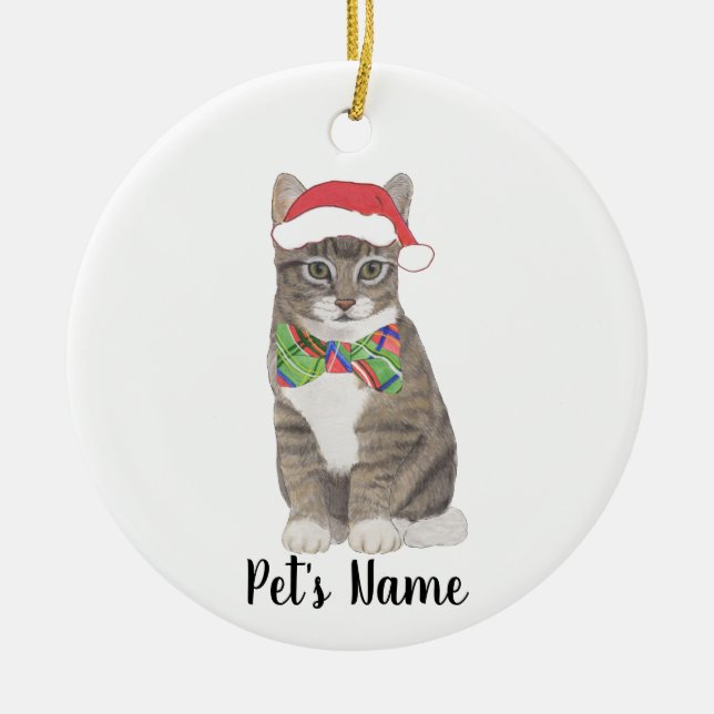 Personalised Tabby Cat (Grey) Santa Hat & Bow Tie Ceramic Tree Decoration (Front)