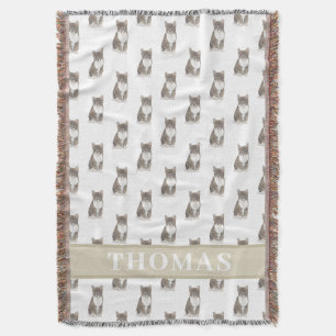 Personalised Tabby Cat (Grey) Tan & White Throw Blanket
