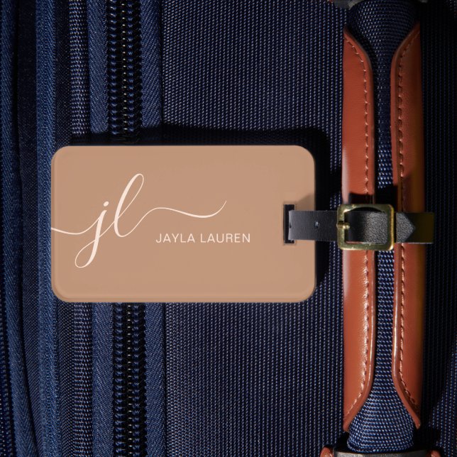 Personalised Tan Beige Brown Monogram Initial Luggage Tag (Front Insitu 4)