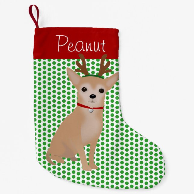 Personalised Tan Chihuahua and Green Polka Dots Small Christmas Stocking (Front)
