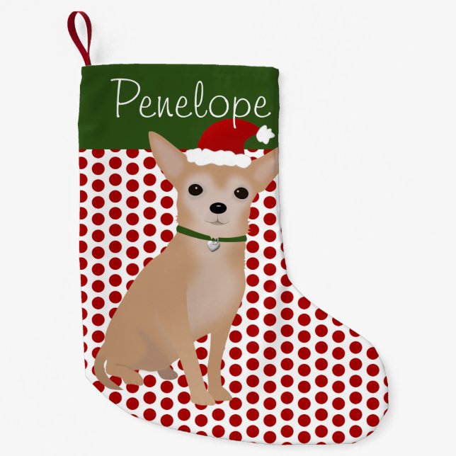 Personalised Tan Chihuahua and Green Polka Dots Small Christmas Stocking (Front)