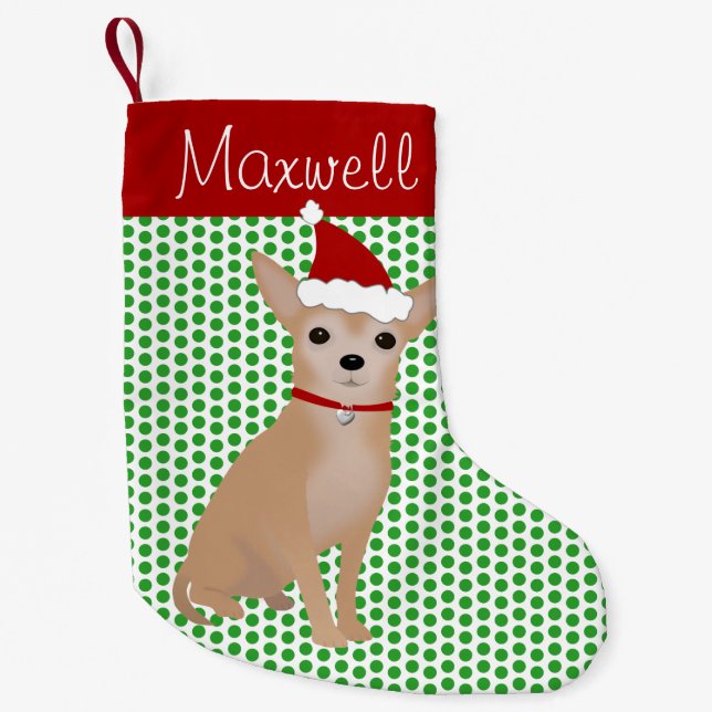 Personalised Tan Chihuahua and Green Polka Dots Small Christmas Stocking (Front)
