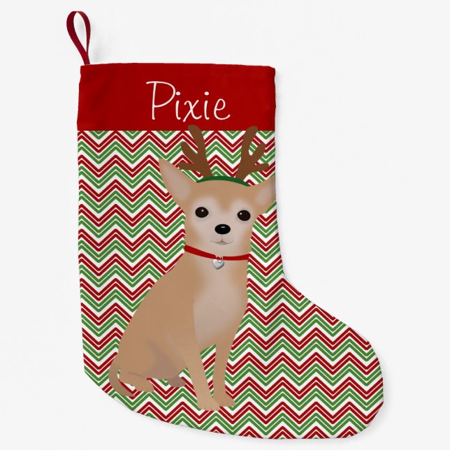 Personalised Tan Chihuahua, Red & Green Chevrons Small Christmas Stocking (Front)