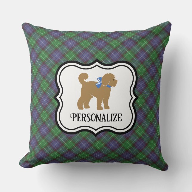 Personalised Tan Doodle Dog Blue Plaid  Cushion (Front)