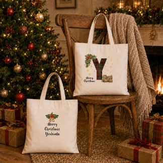 Personalised Tartan Initial & Name Christmas Tote Bag