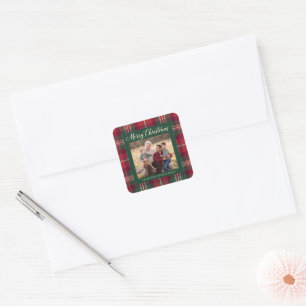 Personalised Tartan Plaid Christmas Photo Square Sticker