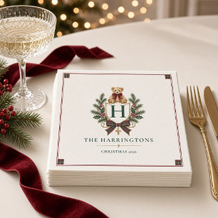 Personalised Tartan Teddy Bear Crest Christmas Napkin