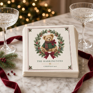 Personalised Tartan Teddy Bear Crest Christmas Napkin