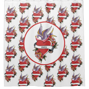 Personalised Tattoo Love Birds Heart Bathroom Shower Curtain