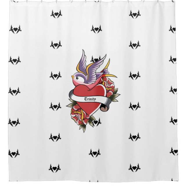 Personalised Tattoo Love Birds Heart Shower Curtain (Front)