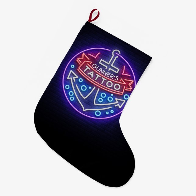 Personalised Tattoo Shop Nautical Neon Sign Style Large Christmas Stocking (Front (Hanging))
