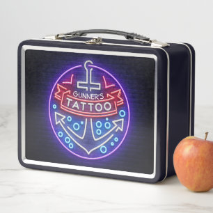 Personalised Tattoo Shop Nautical Neon Sign Style Metal Lunch Box