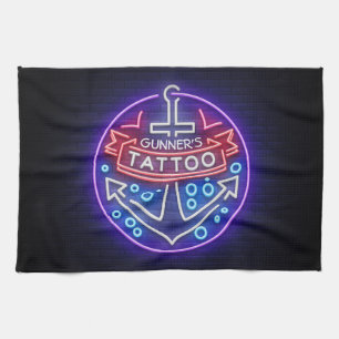 Personalised Tattoo Shop Nautical Neon Sign Style Tea Towel