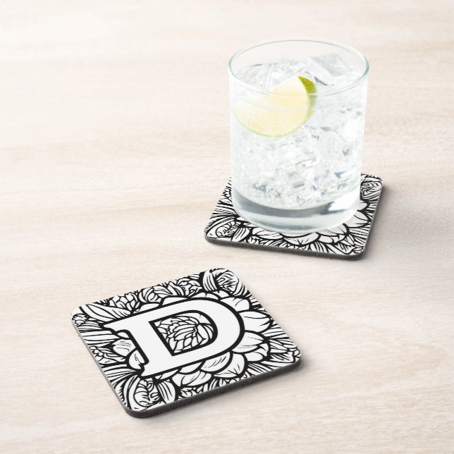 Personalised Tattoo-Style Black and White Monogram Coaster (Right Side)