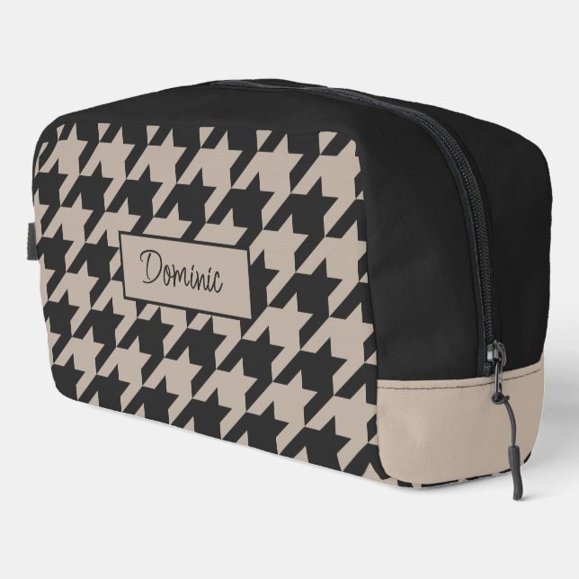 Personalised Taupe Beige Black Houndstooth Pattern Dopp Kit (Right Corner)