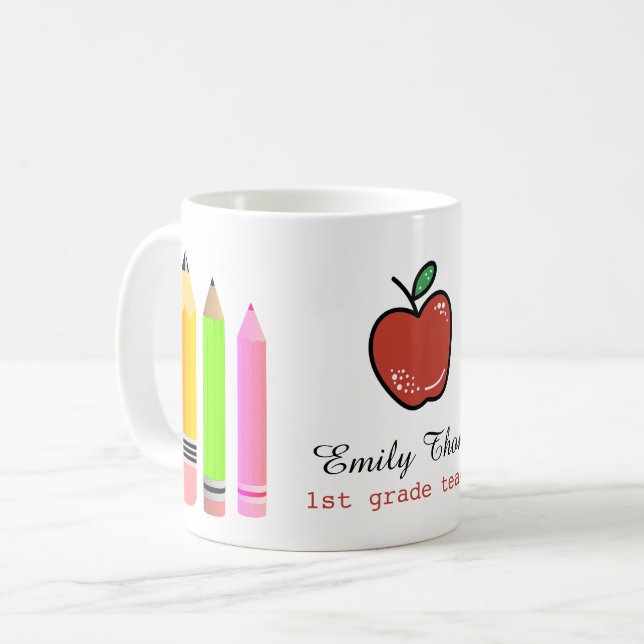 Personalised Teacher Apple And Pencil Custom Name Coffee Mug (Front Left)