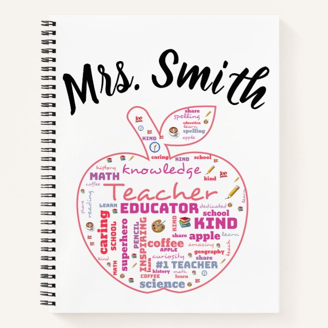 Personalised Teacher Apple Word Art  Notebook (Front)