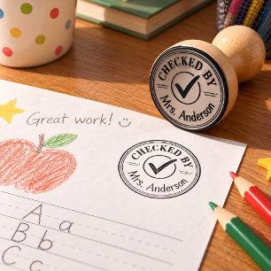 Personalised Teacher Checked By Custom Name Round  Rubber Stamp