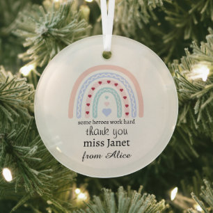 Personalised Teacher Christmas Pink Rainbow Hearts Glass Tree Decoration