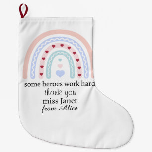 Personalised Teacher Christmas Pink Rainbow Hearts Large Christmas Stocking