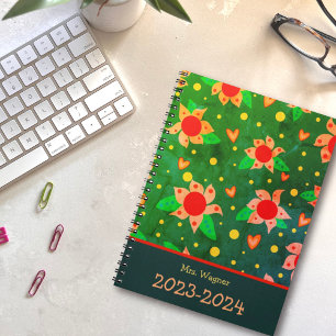Personalised Teacher Fun Retro Flowers Green  Planner
