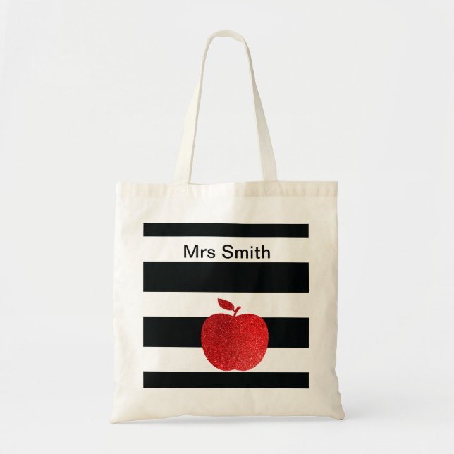 Personalised Teacher Glitter Apple Striped Tote Bag (Front)