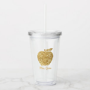 Personalised Teacher Gold Faux Sequin Apple Acrylic Tumbler