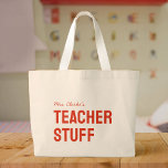Personalised Teacher Name Minimalist Cute Large Tote Bag<br><div class="desc">Tote your essentials in style! This minimalist retro red “teacher stuff” bag with your custom name is perfect for papers,  pens & pep talks. Thoughtful gift for your favourite educator!</div>