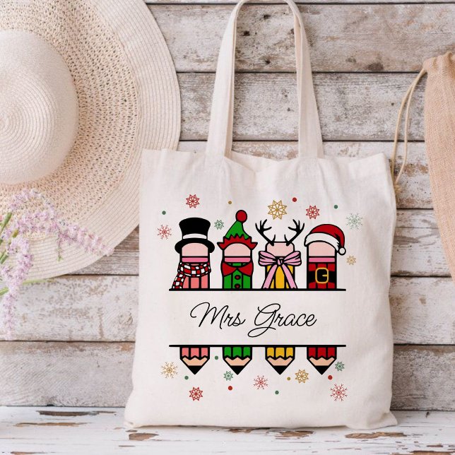 Personalised Teacher Name Pencil, Christmas gift  Tote Bag (Personalized Teacher Name tote bag,Christian Christmas tote bag,Christmas tote bag,teacher gift )