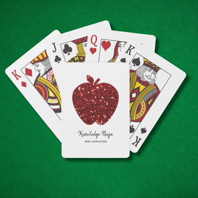 Personalised Teacher Name Red Apple Faux Glitter Playing Cards (Personalize with Text and Name.  Other items available in collection )