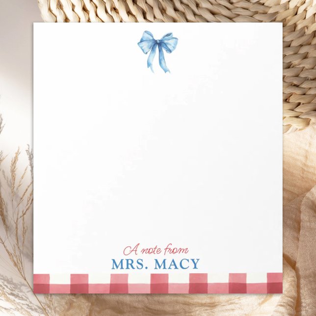 Personalised Teacher Notepad Watercolor Blue Bow (Creator Uploaded)