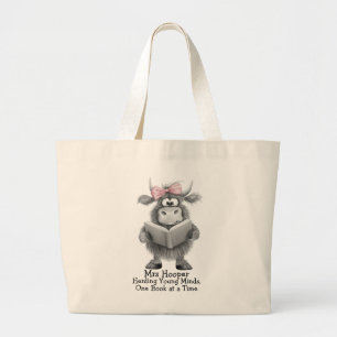 Personalised Teacher Reading Highland Cow Large Tote Bag