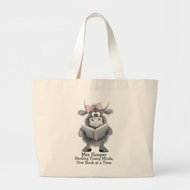 Personalised Teacher Reading Highland Cow Large Tote Bag (Front)