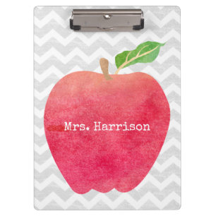 Personalised Teacher Red Apple Grey Chevron Clipboard