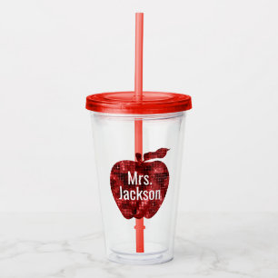 Personalised Teacher Red Faux Sequin Apple Acrylic Tumbler