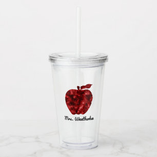 Personalised Teacher Red Faux Sequin Apple Acrylic Tumbler