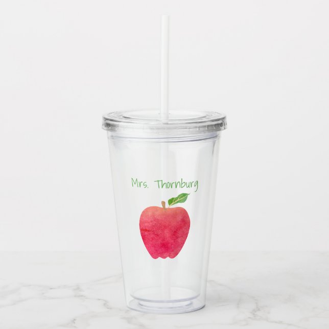 Personalised Teacher Red Watercolor Apple Acrylic Tumbler (Front)