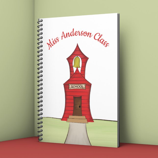 Personalised Teacher Schoolhouse Class Notebook (Personalized teacher notebook with red schoolhouse illustration and custom class name.)