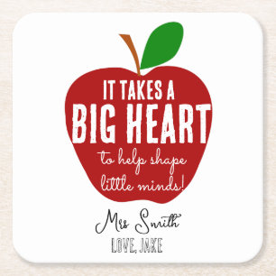 Personalised Teacher Thank You Apple big heart Square Paper Coaster