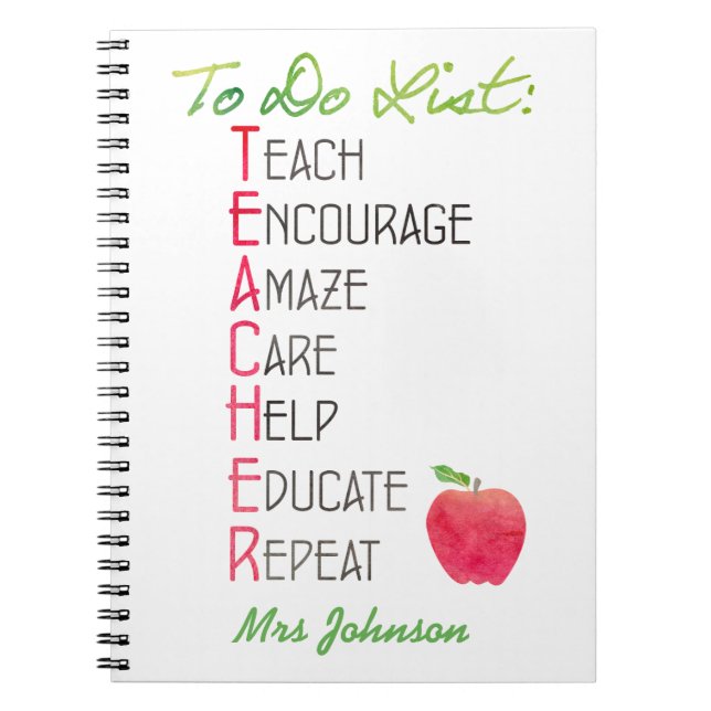 Personalised Teacher To do List Apple Typography Spiral Notebook (Front)