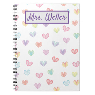 Personalised Teacher with watercolor hearts Notebook