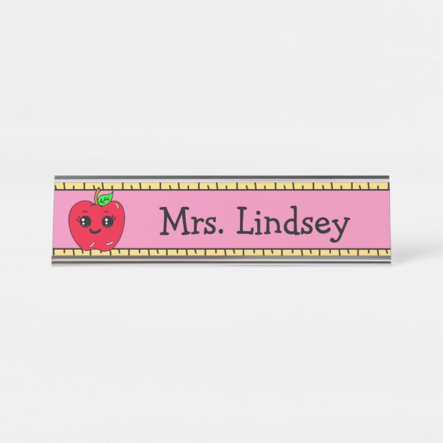 Personalised Teacher's Cartoon Apple and Ruler Desk Name Plate (Front)