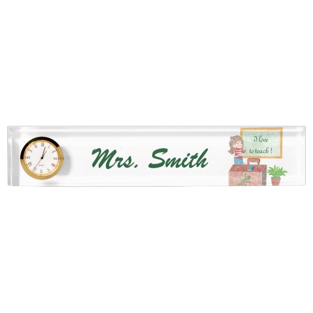 Personalised teacher's desk nameplate with a clock (Front)