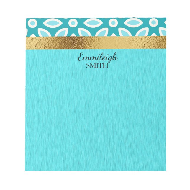 Personalised Teal and Arctic Blue Floral and Gold Notepad (Front)