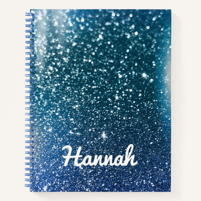 Personalised Teal and Blue Ombre Glitter Notebook (Front)