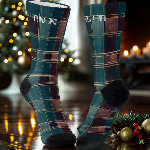 Personalised Teal and Burgundy Tartan Plaid Socks 