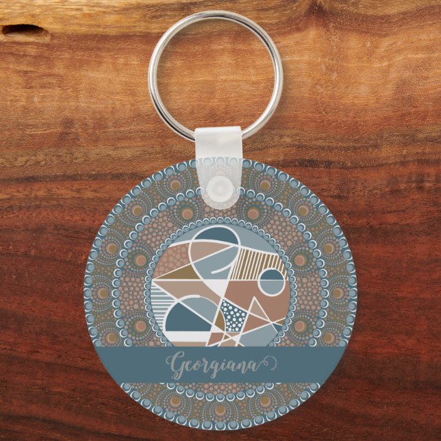 Personalised Teal and Gold Abstract Accent Mandala Key Ring (Front)