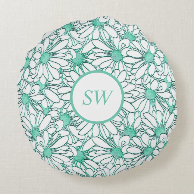 Personalised Teal and White Floral Design  Round Cushion (Back)
